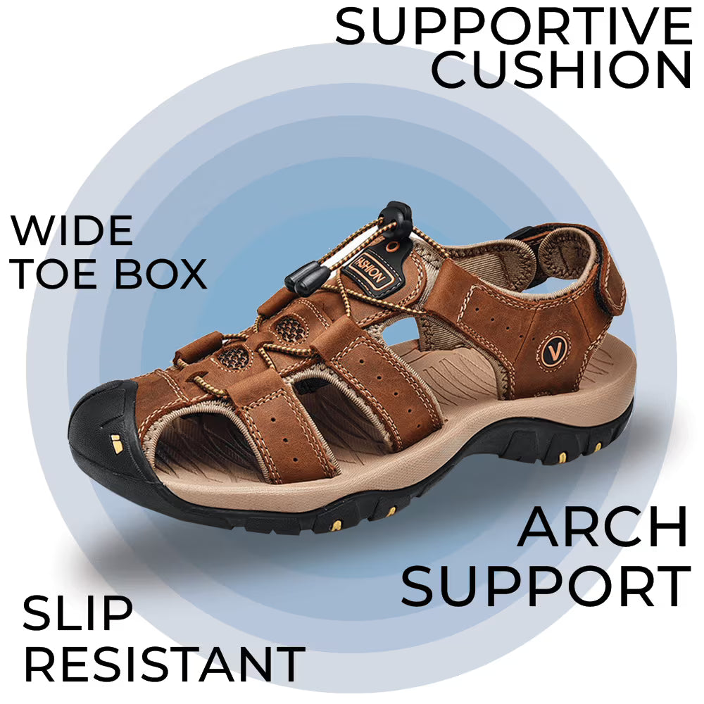 Men's Genuine Leather Sandals Lightweight Non-slip Hiking Sandals - Ergonomically Designed