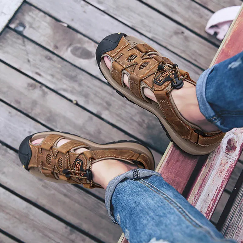 Men's Genuine Leather Sandals Lightweight Non-slip Hiking Sandals - Ergonomically Designed
